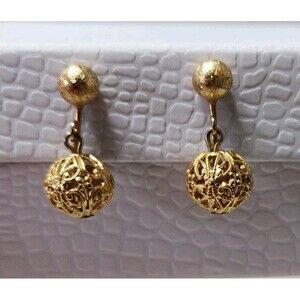 Vtg NAPIER Signed Gold Filigree Ball Earrings 1" Screw Back Book Piece 1966